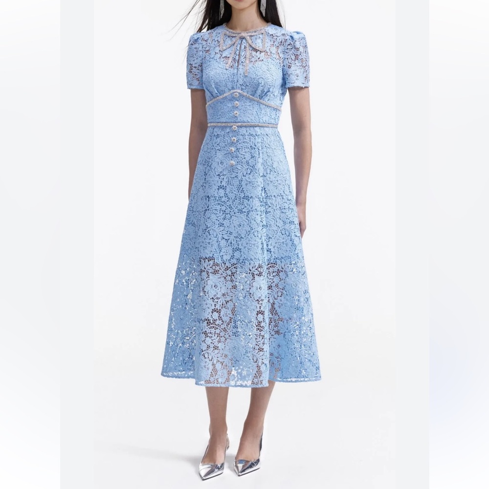 Self-Portrait Blue Cord Lace Bow Midi Dress – NWT, Size 4